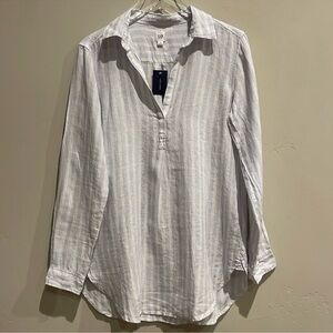 GAP Linen Popover Tunic blue striped w collar s M